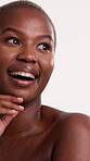 Skincare, happy and black woman in studio with beauty, vision or contemplation for antiaging benefits. Face, person smile and dermatology for glowing skin, self care or reflection on white background