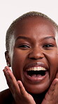 Face, skincare and black woman in studio with laugh, confidence and collagen for antiaging benefits. Happy, female person and dermatology for glowing skin, self care and wellness on white background.