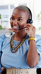 Call center, smile and black woman in office with headset, contact us or advice in crm service. Happy, mic and consultant in agency with tech, online assistance or feedback in client support.