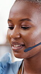 Office, talking or black woman with mic for networking, telemarketing or outbound contact for offer. Lead generation, tech or sales agent with pitch for business promotion, call center or speaking