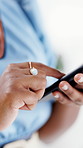 Scroll, hands and person with phone in office, monitor campaign engagement or marketing feedback. Check comments, internet or social media manager with tech for planning, trend research or ad reviews
