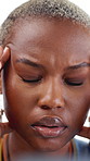 Tired, businesswoman and pain in office with headache, burnout and fatigue for project management. Exhausted, black person and migraine in workplace with crisis, problem and overwhelmed with stress.