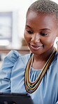 Tablet, research and black woman in office with smile, email and good news for journalist article. Writer, person and happy in workplace with tech, check review and online notification for blog post.