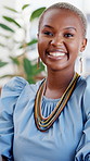 Happy, laptop and face of black woman in office with confidence for creative career at startup. Typing, professional and portrait of African copywriter with pride for job opportunity in workplace.
