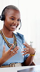 Laptop, talking and black woman with headset in office, telemarketing and outbound contact for offer. Lead generation, tech and sales agent with business pitch in call center, smile and communication