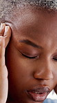 Tired, businesswoman and stress in office with headache, burnout and overworked for financial audit. Exhausted, black person and migraine in workplace with crisis, issue or fatigue for accounting job