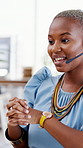 Smile, talking and black woman with headset in office, telemarketing and outbound contact for offer. Lead generation, tech and sales agent with pitch for business promotion, call center or networking