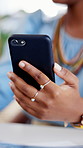 Hands, business and woman with phone in office for research, social media and editing article. Closeup, person and mobile for communication, reading feedback and contact editor for story publication