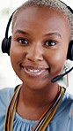 Face, headset and happy black woman at call center for telemarketing, lead generation and about us. Portrait, hotline and sales consultant with smile for telesales, pride and outbound service