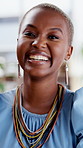 Happy, laugh and face of black woman in office with confidence for creative career at startup. Smile, professional and portrait of African copywriter with pride for job opportunity with about us.