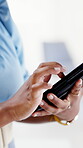 Scroll, hands or business woman with tablet in office, monitor campaign engagement or ads feedback. Review comments, planning or social media manager with tech for launch, trend research or marketing