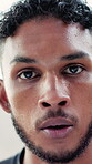 Sweat, tired or athlete outdoor with face, cardio challenge or break in fitness practice. Serious, exhausted and man with breathing, training fatigue and workout recovery for performance goals.
