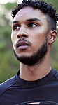 Fitness, break or athlete outdoor with thinking, workout perspective or rest in exercise practice. Bokeh, mindset or person in nature with reflection, training pause or recovery for performance goals