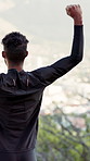 Back, man and cheering for fitness outdoor for success, exercise victory and training milestone. Athlete, male person and fist pump for celebration, running achievement and sports winner in nature