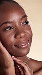 Skincare, thinking and face of black woman with beauty, natural texture and wellness idea. Spa, salon and portrait of person with smooth skin for dermatology, cosmetics and glow on studio background