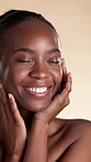 Beauty, happy and black woman with skincare in studio for natural texture, glow and spa results. Salon, smile and person with satisfaction for dermatology, cosmetics and makeover on yellow background