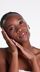 Skincare, face and happy woman with glow, wellness and cosmetics for healthy skin benefits or beauty. White background, portrait and black person with smile for shine, dermatology and laugh in studio
