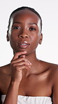 Face, skincare and black woman in studio with wellness, thinking or contemplation for beauty idea. Confident, female person and reflection with dermatology, glowing skin or vision on white background