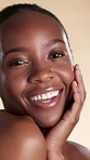 Happy, beauty and face of black woman with skincare for natural texture, glow and wellness. Spa, laugh and portrait of person with smooth skin for dermatology, cosmetics or shine on studio background
