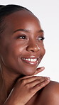 Happy, thinking and black woman in studio with skincare for natural texture, beauty and wellness. Touch, thoughtful and person for smooth skin, dermatology and cosmetics with glow on white background