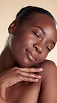 Woman, relax and body care with grooming, beauty cosmetics and collagen benefits for smooth skin. Black person, smile and dermatology for skincare, contemplation and wellness on studio background.