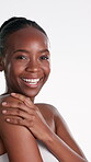 Skincare, face and woman with glow, laughing and dermatology for healthy skin benefits and wellness. White background, portrait and black person with smile, studio and self care with cosmetics