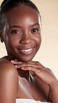 Skincare, face or black woman with smooth skin, shine or glow in facial care. Wellness, smile or female person on studio background with confidence, dermatology or natural cosmetics for soft touch.