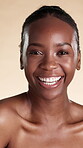 Laughing, woman and skincare for face, wellness and dermatology for healthy skin benefits and beauty. Studio background, portrait and black person with smile for shine, cosmetics and glow in Kenya