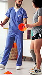 Amputee, woman and walk with prosthetic for physiotherapy, fitness and balance training. Physiotherapist, cones and patient with disability for limb strength, improve mobility and gait rehabilitation