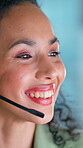 Call center, talking or woman with headset for customer care, online consultation or advice hotline. Speaking, help desk or virtual assistant with tech support for troubleshooting, contact or smile