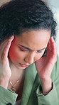 Stress, headache and businesswoman in office with burnout for creative project with deadline. Brain fog, migraine and female magazine editor at startup agency with vertigo, fatigue or eye strain.
