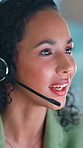 Call center, contact or woman with headset for customer service, consulting online or advice hotline. Speaking, help desk or virtual assistant with solution for troubleshooting, tech support or smile