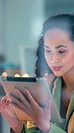 Reading, tablet or businesswoman in office at night, risk assessment or loan application evaluation. Glass, tech or credit analyst with late review for applicant financial status, bokeh or smile