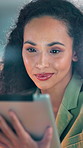 Reading, tablet or business woman in office, risk assessment report or loan application evaluation. Glass, tech or credit analyst with review for applicant financial status, due diligence or smile