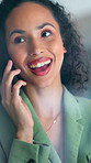 Business, woman and thinking with phone call in office for real estate, contact client and negotiation. Smile, realtor or mobile discussion with ideas, schedule appointer and buyer inquiry for resale