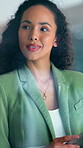 Woman, thinking or tablet in office for business, agenda update or audit reminder at window. Accountant, tech or reflection in firm for investment opportunity with idea for company budget management