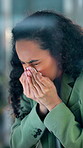 Sneeze, sick and business woman with tissue in office, allergy season and infection for runny nose. Glass, health problem and ill employee with hayfever in workplace, influenza symptoms and sinus 
