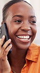 Black woman, phone call and smile in office with answer for creative agency, management and startup. Conversation, magazine editor and gossip with tech for project, communication or journalist