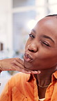 Black woman, social media and face with pout for selfie, update blog or connectivity in home. Influencer, photography or peace sign in POV for platform interaction, follower engagement or contact