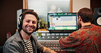 Production, music and face of producers with headphones in studio working on album or song with computer. Happy, equipment and male sound technicians with tech for mixing audio in recording booth.