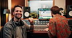 Production, music and face of producers in studio working on album or song with computer. Happy, equipment and portrait of male sound technicians with technology for mixing audio in recording booth.