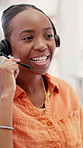 Black woman, remote work and support with headset in home for customer service, advice or help. Female person, consultant and online freelancer for telecommunications or virtual assistance in house