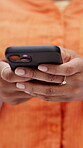 Texting, response and hands with phone, internet search and communication on online platform. Digital, chat reply and woman with tech, social media update and message notification on virtual app.