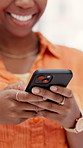 Black woman, phone and hands in office with texting for creative agency, management and startup. Funny joke, magazine editor and message with tech for project, development and journalist in workplace