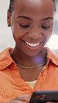 Black woman, phone and reading in office with message for creative agency, management and startup. Funny joke, magazine editor and text with tech for project, development and journalist in workplace