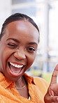 Black woman, social media and face with peace sign for selfie, update blog or connectivity in home. Influencer, photography or gesture in POV for platform interaction, follower engagement or contact
