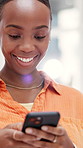 Black woman, phone and laugh in office with texting for creative agency, management and startup. Funny joke, magazine editor and message with tech for project, development and journalist in workplace