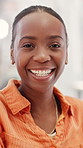 Black woman, face and happy in office with confidence for creative agency, ambition and startup. Portrait, magazine editor and pride with about us for project, development and journalist in workplace