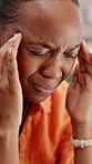 Stress, migraine and black woman in office with burnout, fatigue or brain fog for creative project. Tired, professional and African female magazine editor massage temples with headache for deadline.