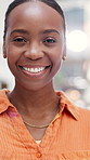Black woman, face and smile with confidence for creative agency, ambition and startup in office. Portrait, magazine editor and pride with about us for project, development and journalist in workplace